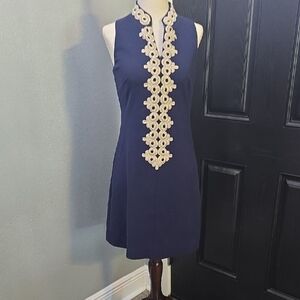 Lilly Pulitzer Blue and Gold Cream Embellished Mini Dress XS